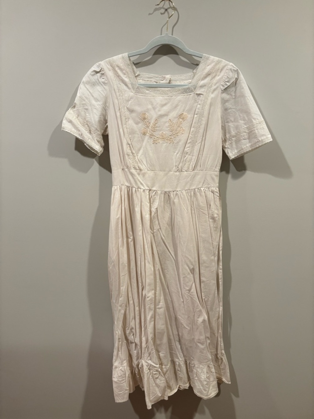 SHEIN Cream Embroidered Square-Neck Midi Dress